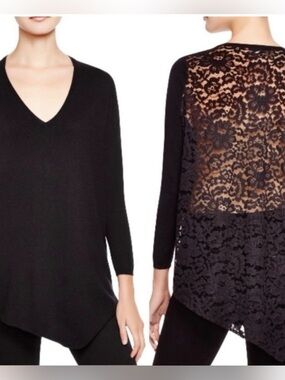 Joie‎ Top Womens Small Black Knit Lace Oversized Asymmetrical Hem Sheer Sweater